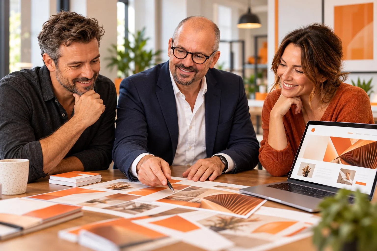 Tom Graf berät ein Unternehmerpaar zu einer Website und passenden Druckmedien in Weiß und Orange